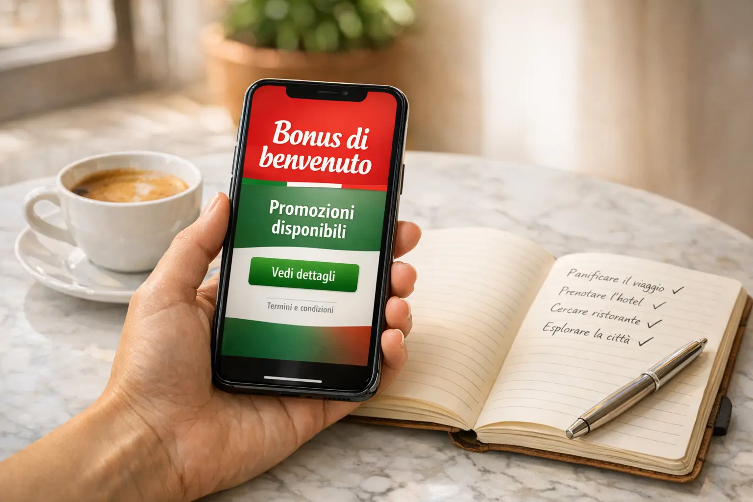 Mano che tiene smartphone con schermata di offerta promozionale colorata accanto a taccuino con appunti