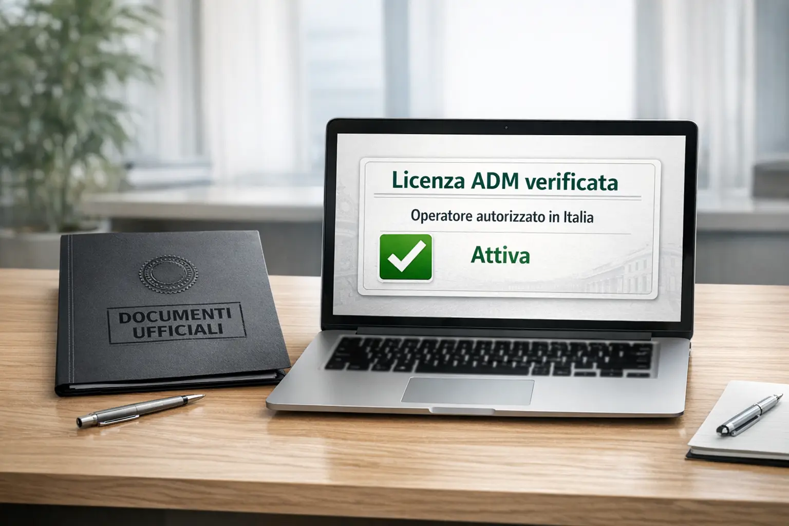 Laptop che mostra certificazione di sicurezza ufficiale con badge di verifica verde
