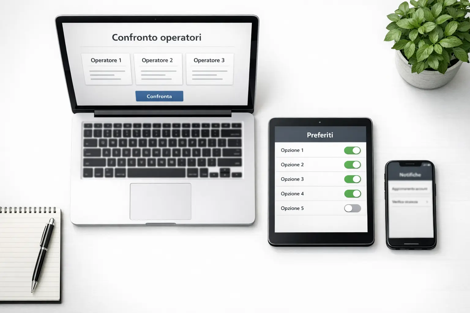 Spazio di lavoro organizzato con laptop tablet e smartphone su scrivania bianca che mostrano diverse interfacce