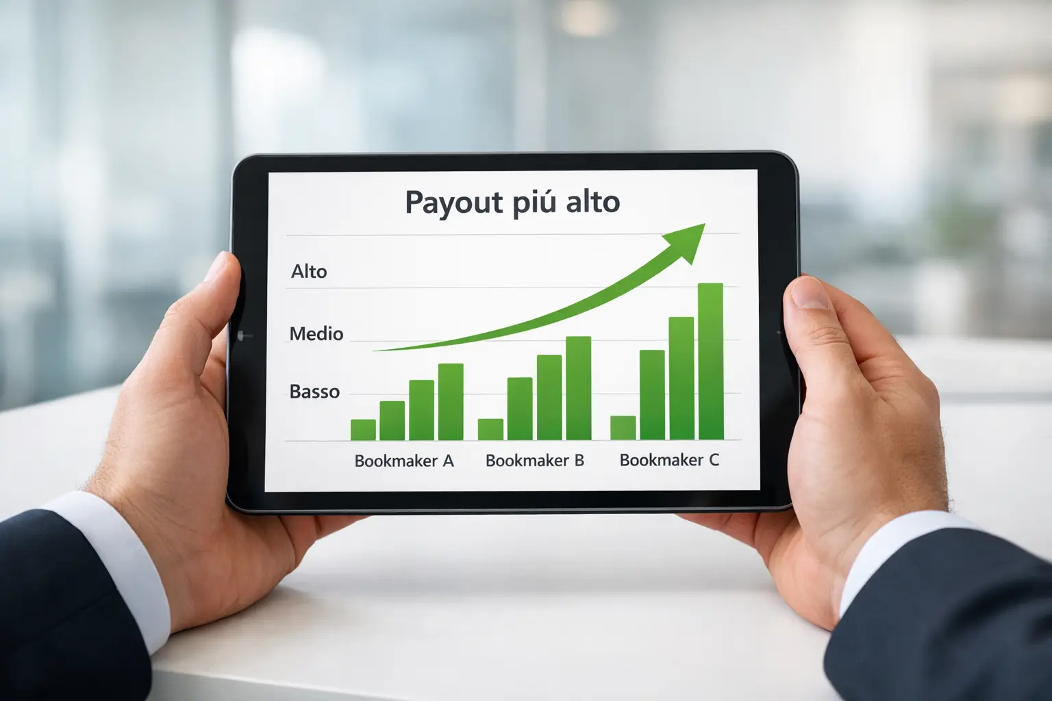 Mani di professionista che tengono un tablet con grafico di crescita verde