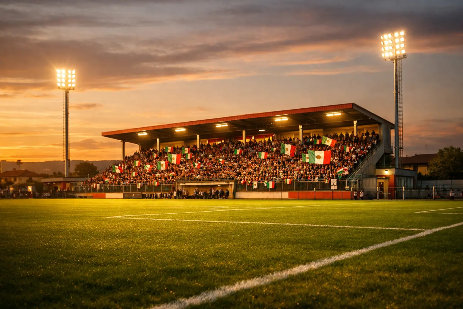 Stadio italiano durante una partita di Serie C al tramonto con tifosi sugli spalti