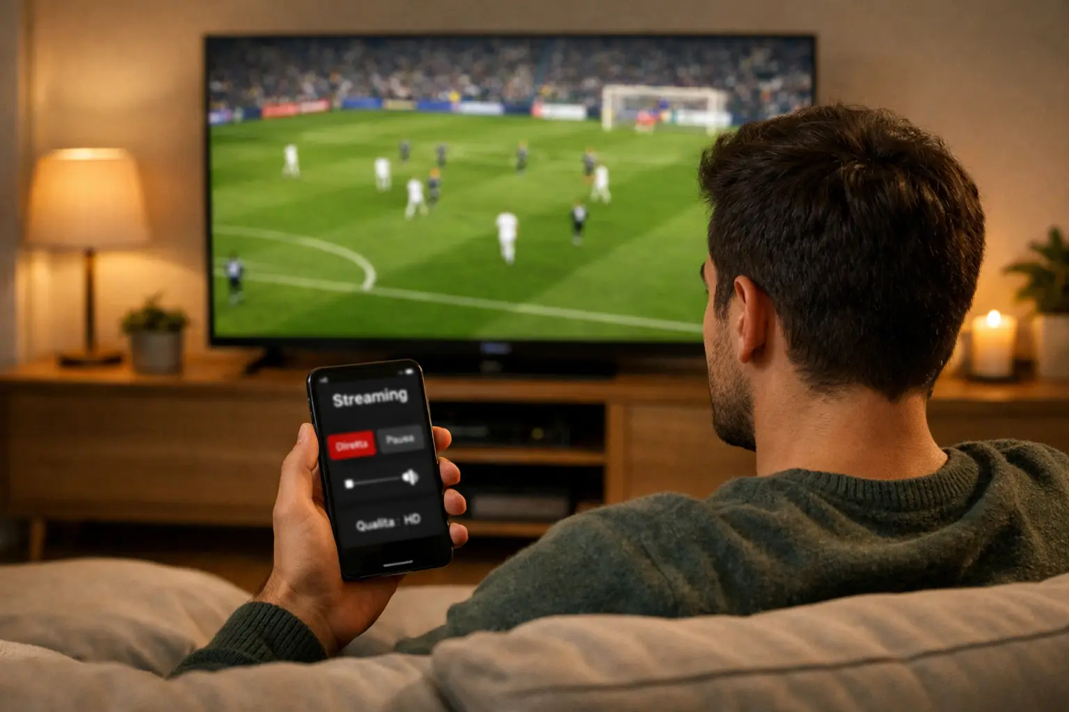 Giovane uomo italiano che guarda una partita di calcio su TV grande nel salotto con smartphone in mano