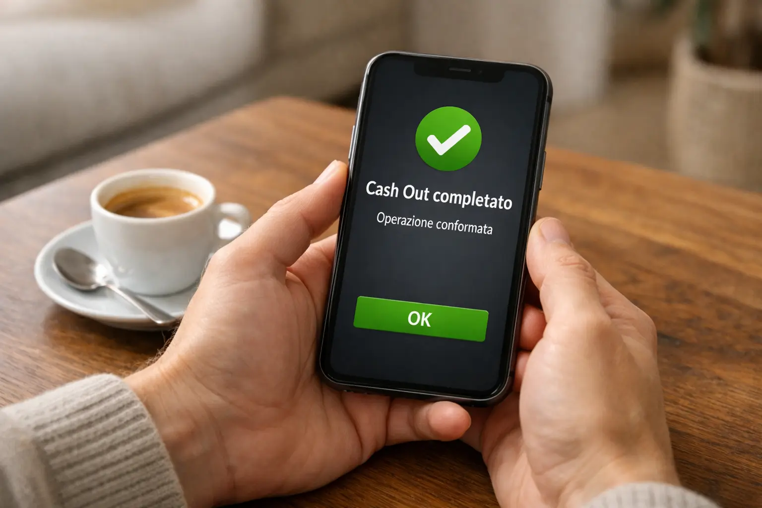 Mani che tengono smartphone con schermata di conferma successo verde sopra tavolino con caffe