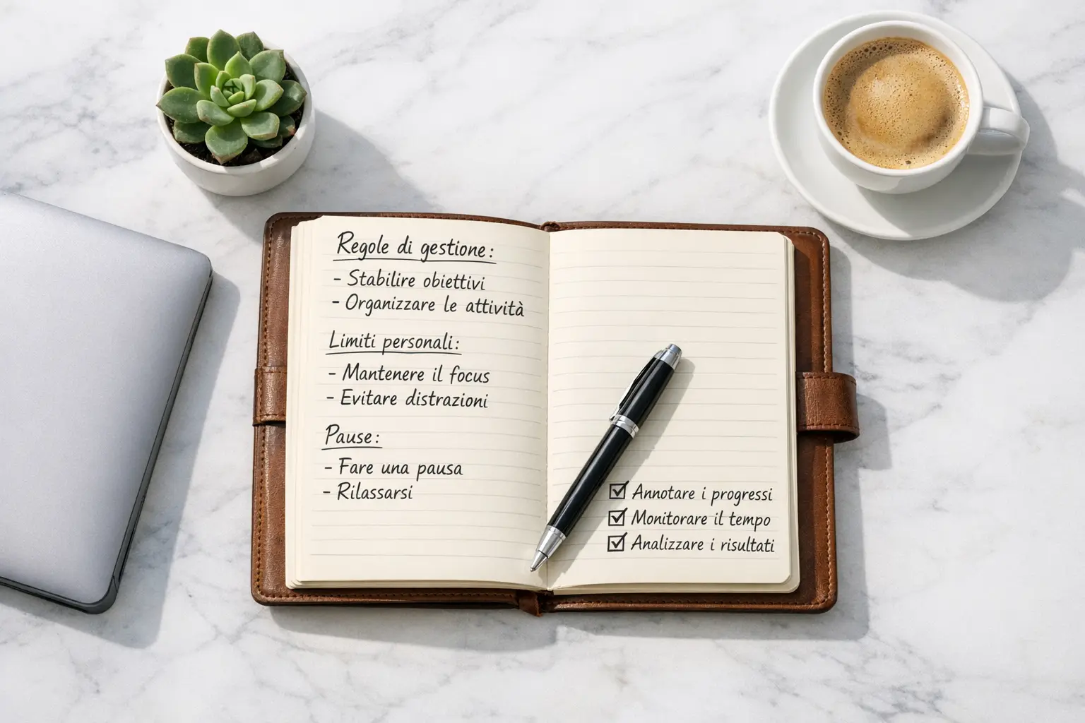 Vista dall'alto di spazio lavoro organizzato con taccuino aperto penna laptop e pianta