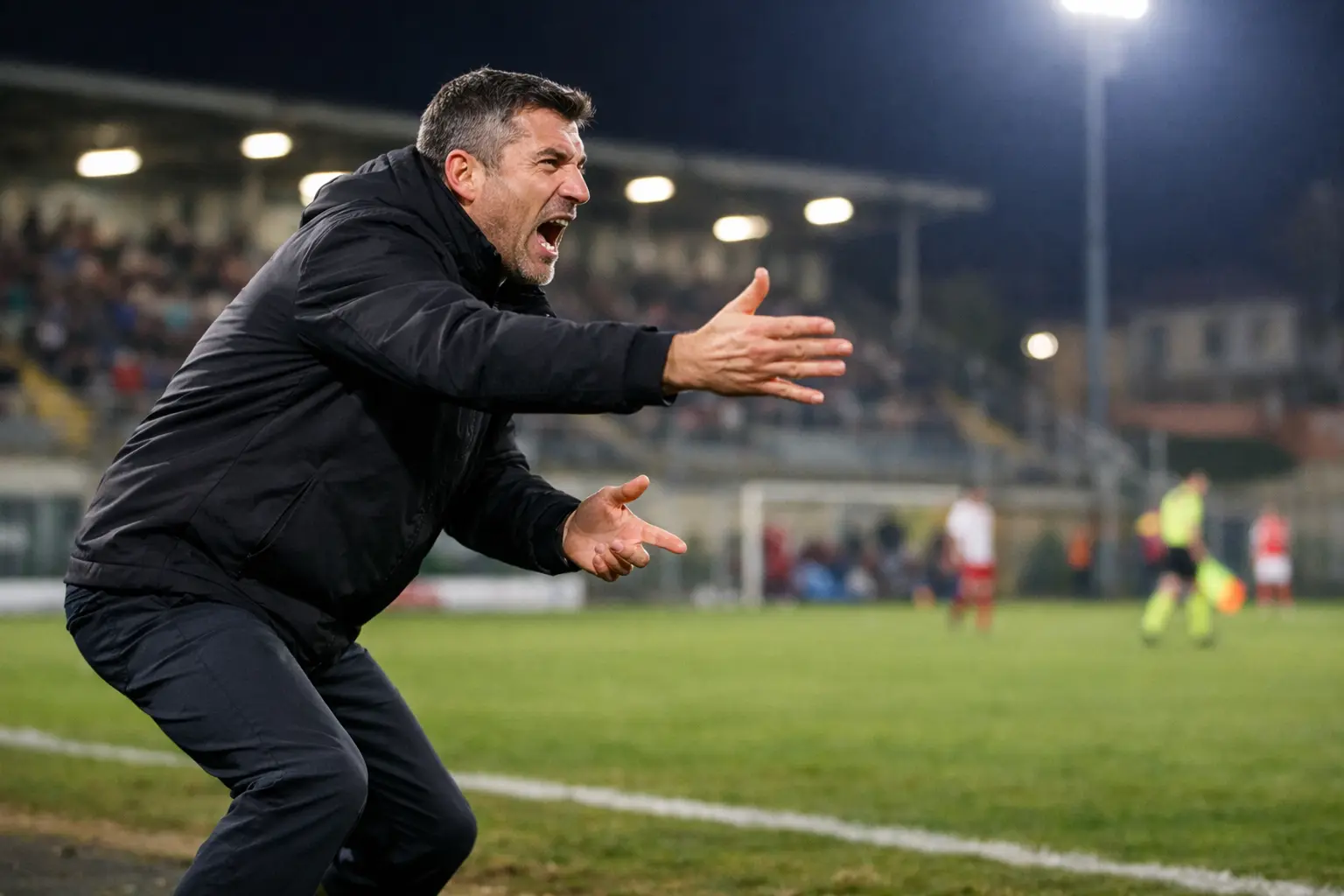 Allenatore di calcio a bordo campo con gesti espressivi che da istruzioni tattiche durante la partita