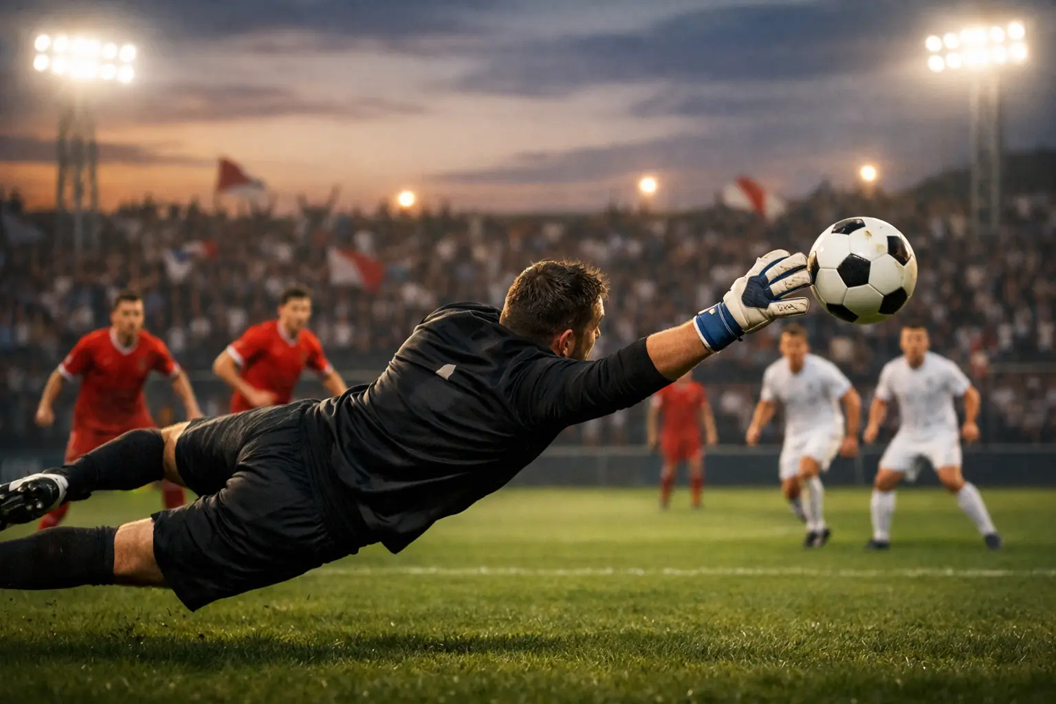 Momento intenso durante una partita di calcio visto da dietro la rete con portiere in tuffo