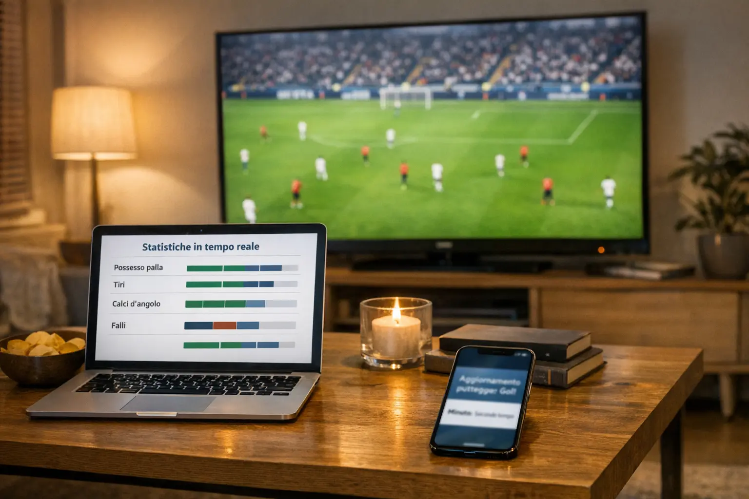 Setup moderno con TV che mostra partita live laptop con statistiche e smartphone con notifiche