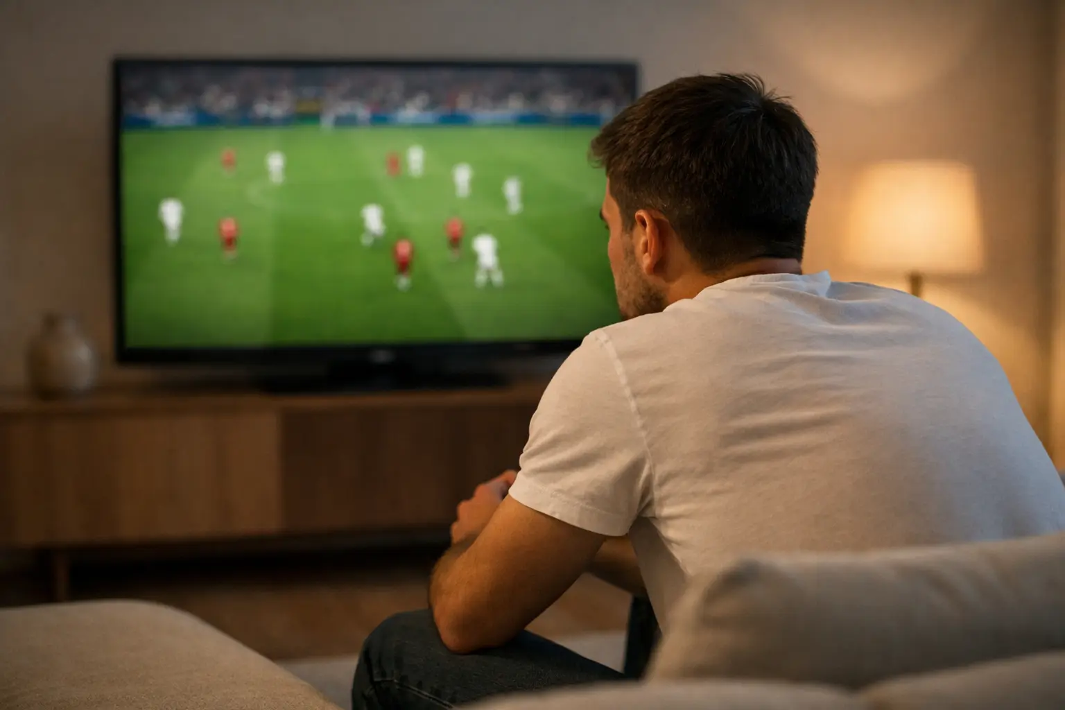 Giovane uomo concentrato seduto sul divano che osserva attentamente una partita di calcio in TV