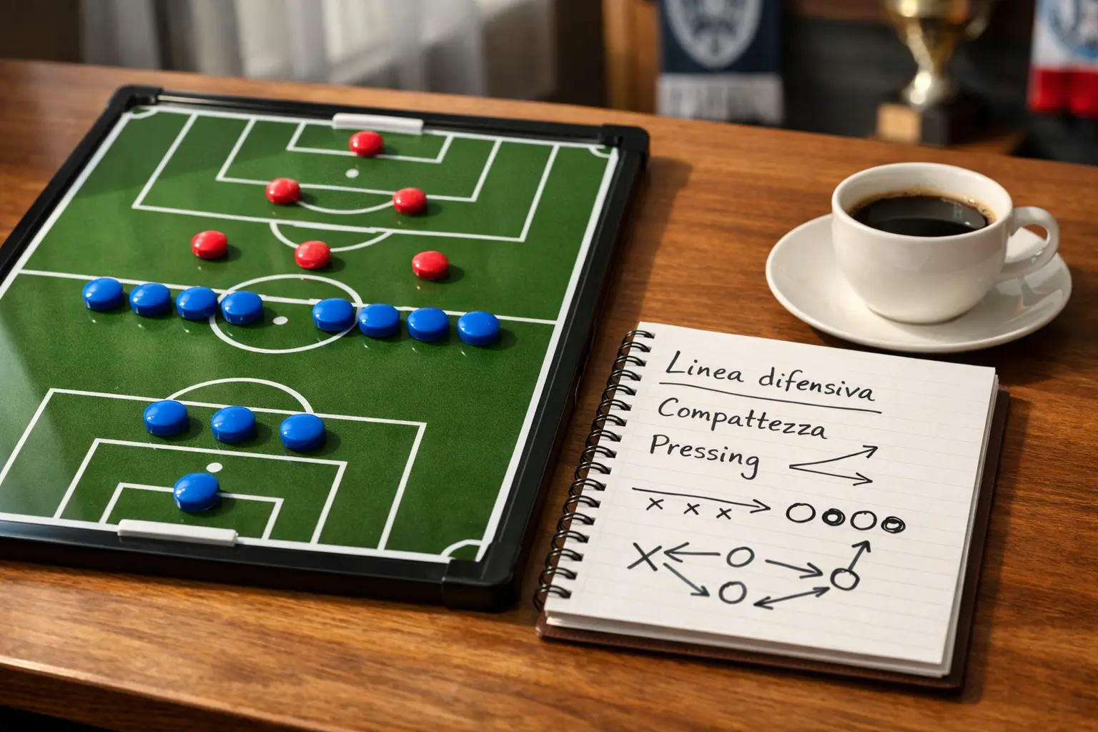 Lavagna tattica con formazione difensiva e magneti giocatori disposti in linee compatte su scrivania