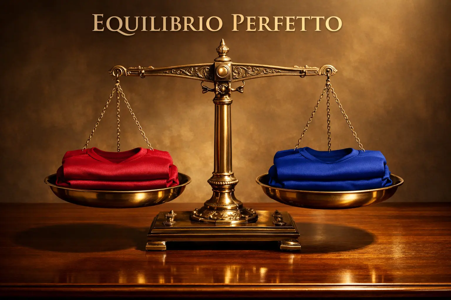 Bilancia in bronzo con due maglie da calcio in perfetto equilibrio su superficie in legno lucido