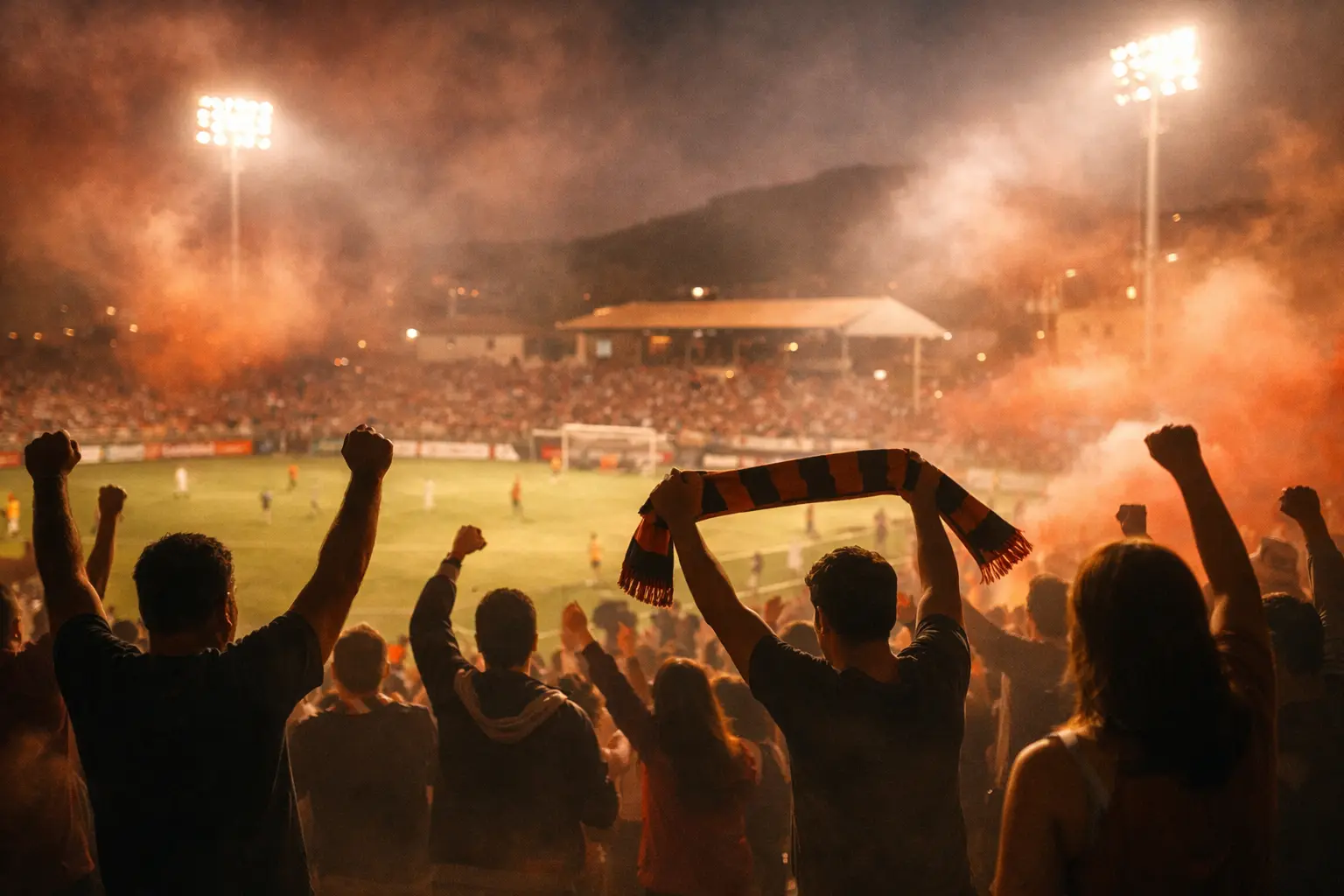 Tifosi appassionati italiani in uno stadio del sud con fumogeni e atmosfera drammatica durante partita serale