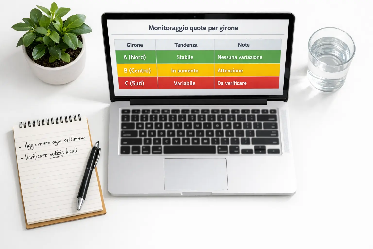 Vista dall'alto di spazio lavoro organizzato con laptop che mostra foglio di calcolo colorato e taccuino con appunti