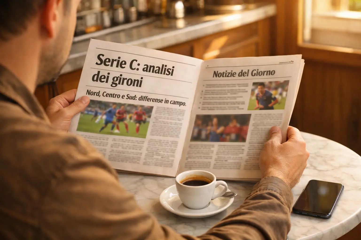 Persona che legge sezione sportiva di giornale locale italiano al tavolino di un bar con caffe