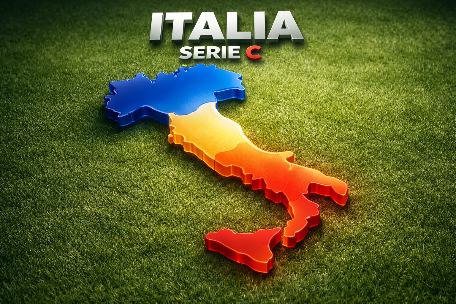 Mappa dell'Italia divisa in tre zone colorate che rappresentano i gironi di Serie C Nord Centro e Sud