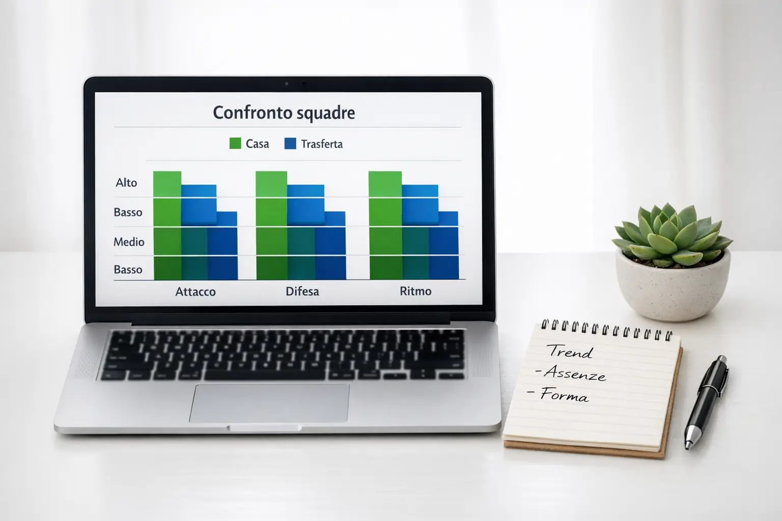 Laptop con grafico a barre che mostra confronto dati squadre accanto a taccuino con appunti di analisi