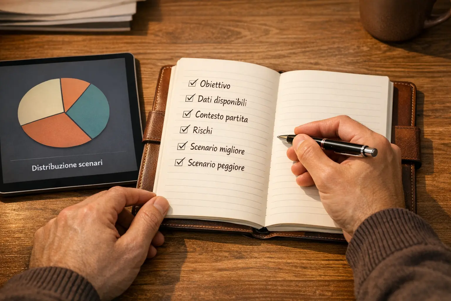 Persona che scrive in taccuino di pelle con lista strutturata accanto a tablet con grafico a torta