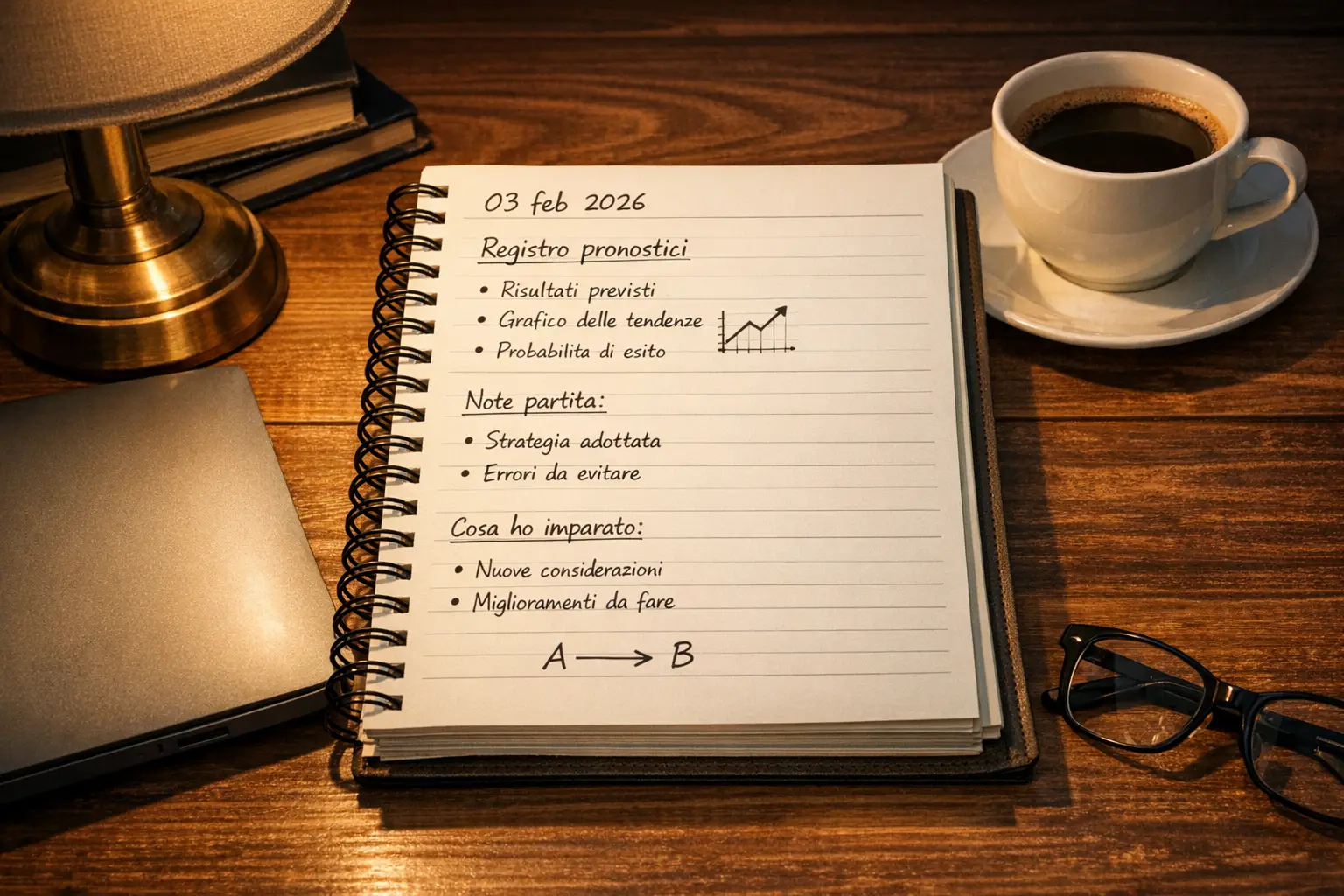 Taccuino a spirale aperto con appunti scritti a mano accanto a laptop chiuso e tazza di caffe