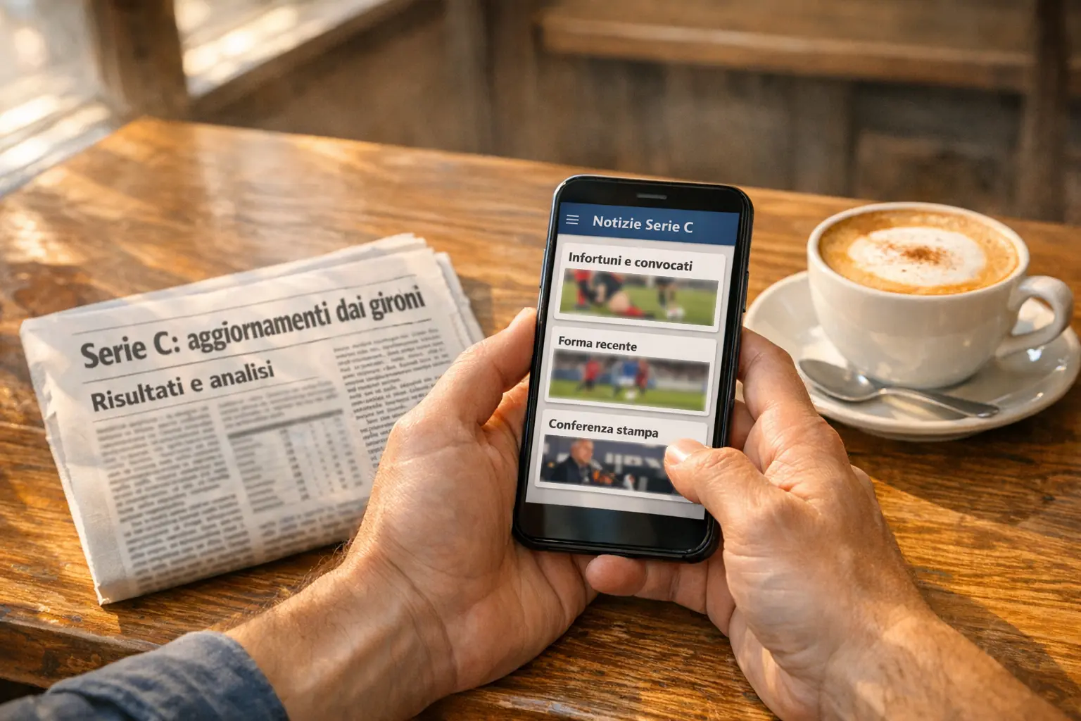 Mani che tengono smartphone con notizie sportive accanto a giornale locale italiano e cappuccino