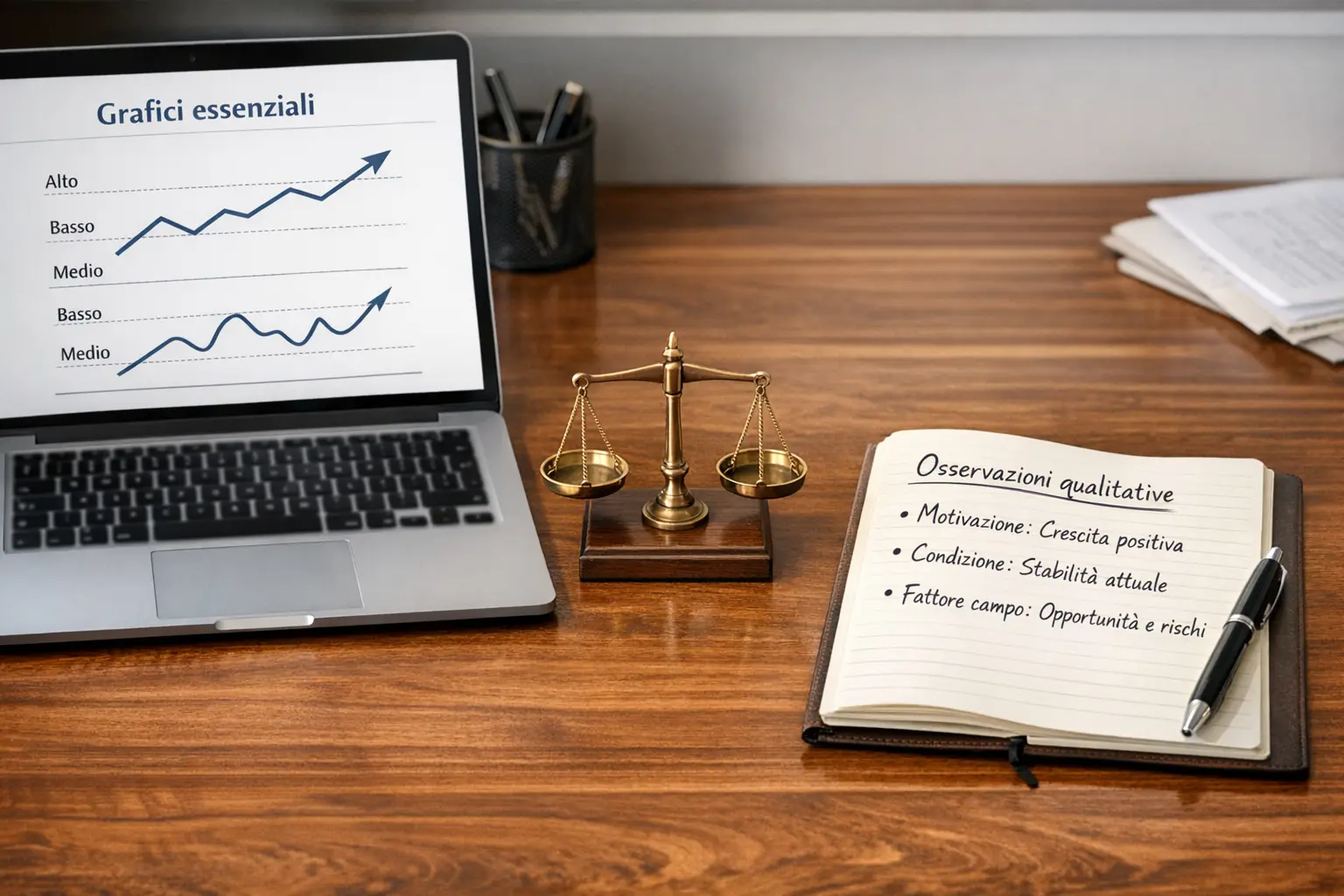 Composizione con laptop che mostra grafici e taccuino con analisi scritte a mano su scrivania in legno