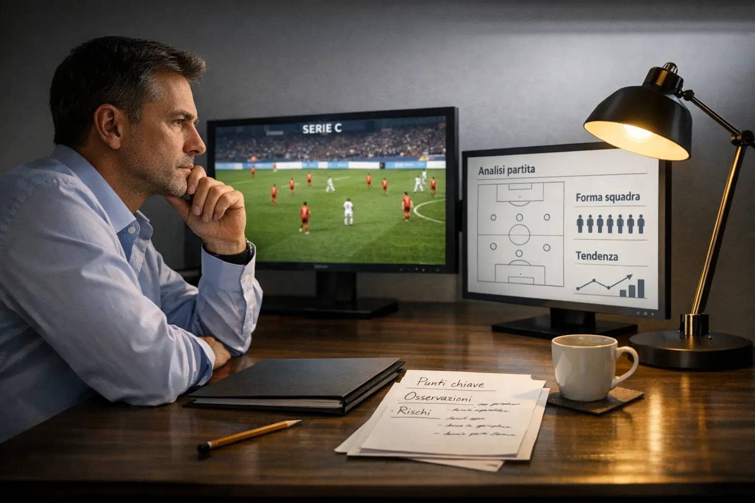 Analista che studia dati calcistici alla scrivania con monitor che mostrano statistiche e formazioni
