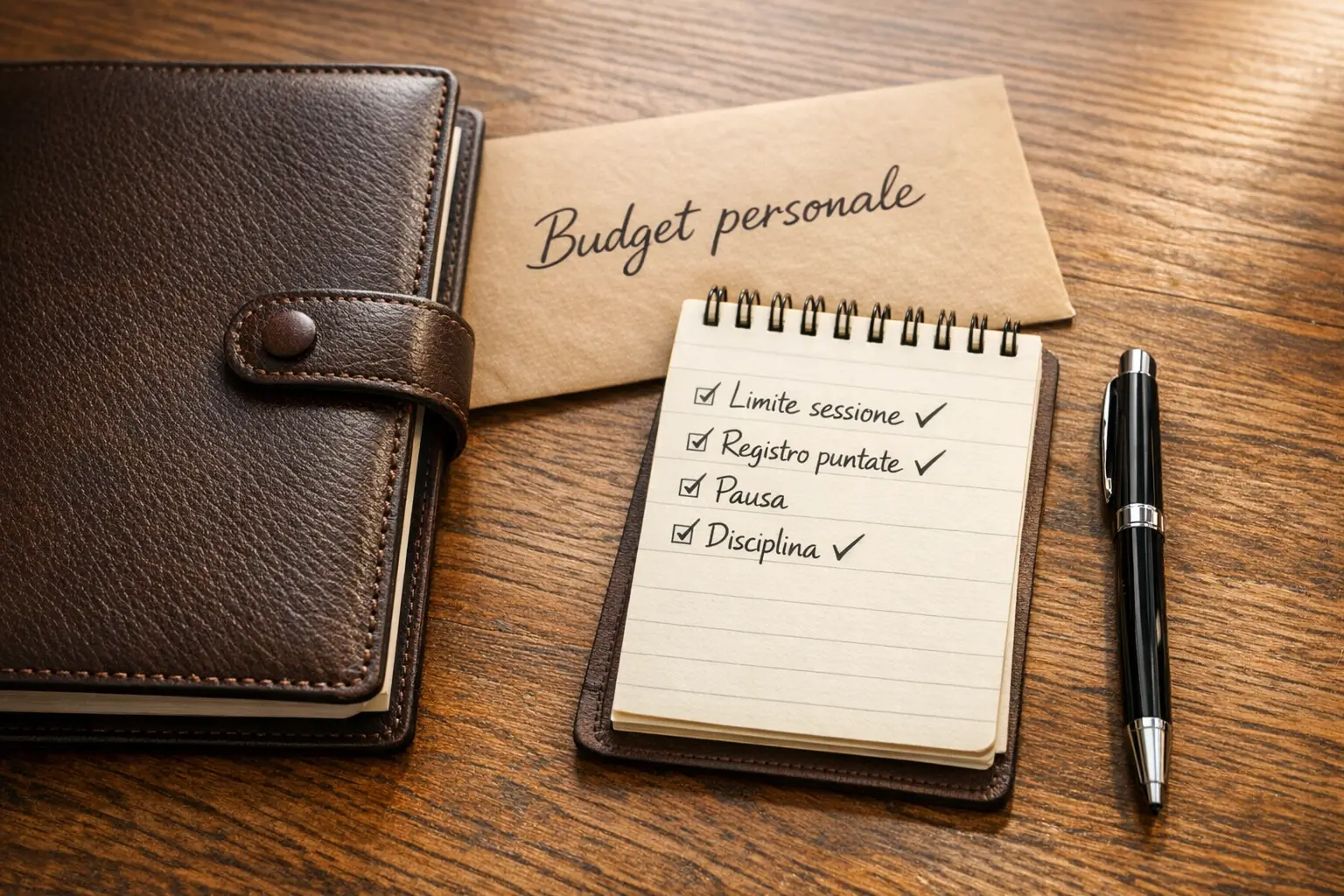 Portafoglio in pelle con banconote euro organizzate accanto a taccuino con schema di budget e penna