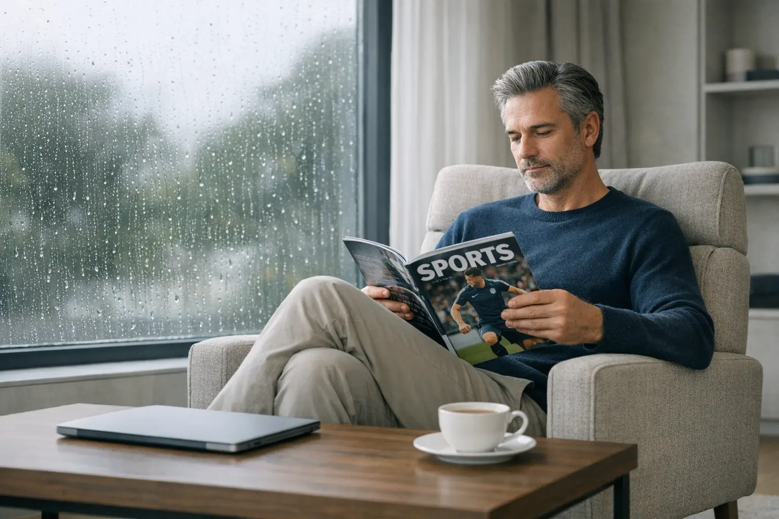 Persona seduta tranquillamente in poltrona che legge rivista sportiva con laptop chiuso e tazza di te sul tavolino