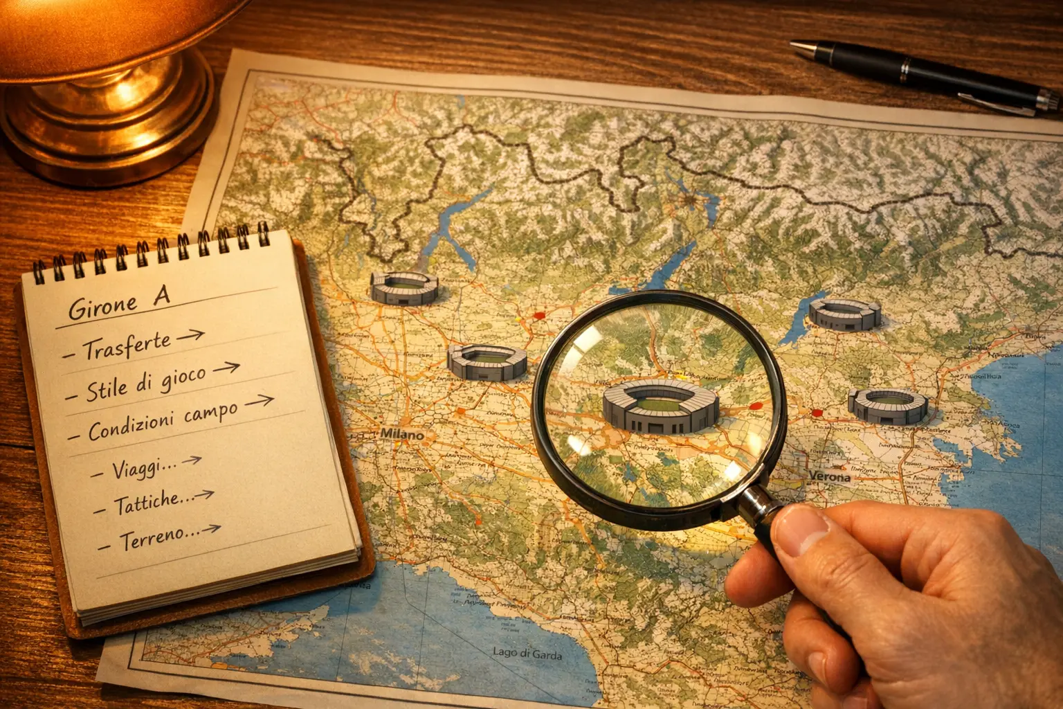 Lente di ingrandimento su mappa dettagliata del Nord Italia con icone di stadi di calcio segnati