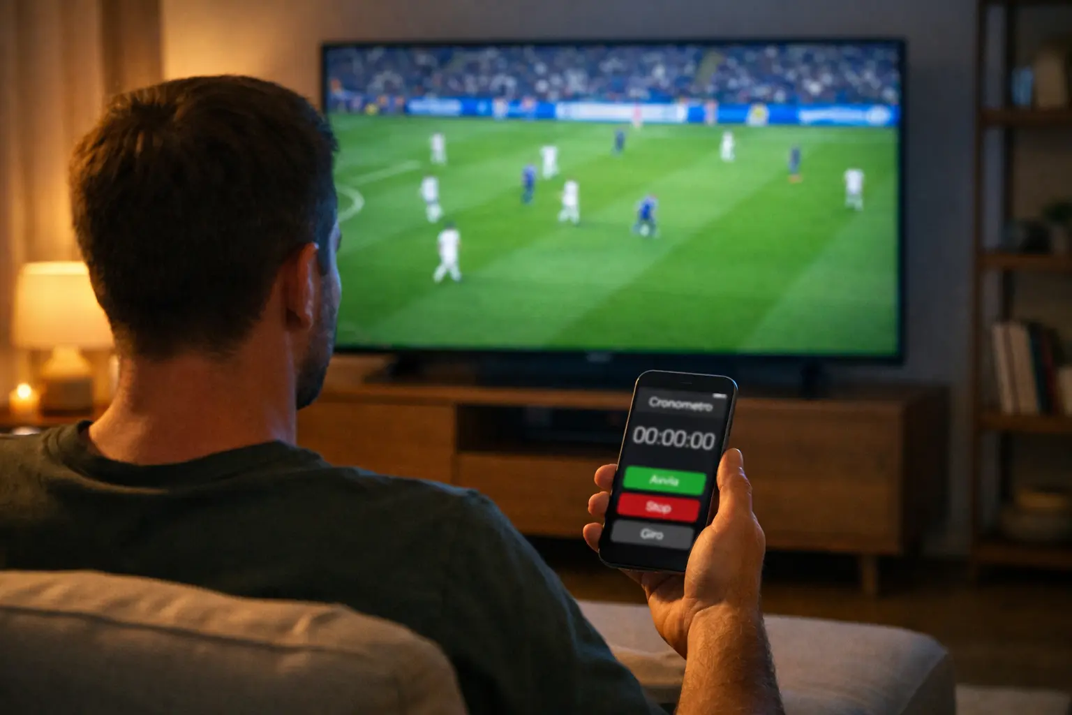 Persona che guarda partita su TV tenendo smartphone con cronometro mentre segue il match in tempo reale