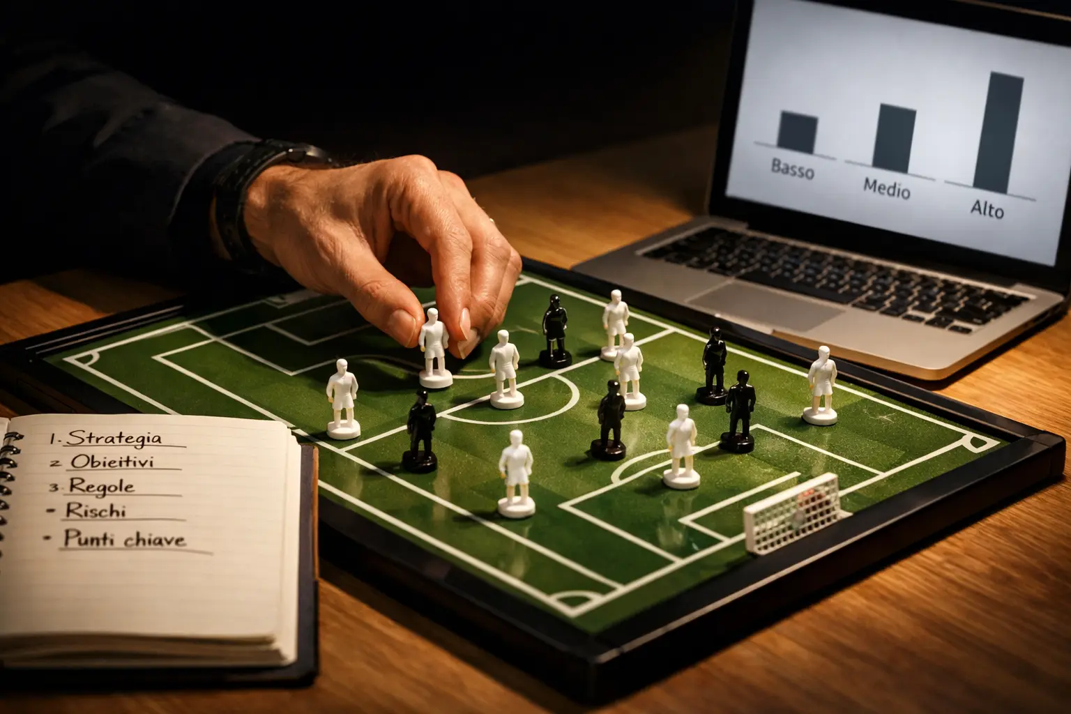 Sessione di pianificazione strategica con figurine di calcio disposte su tavola tattica come pezzi di scacchi