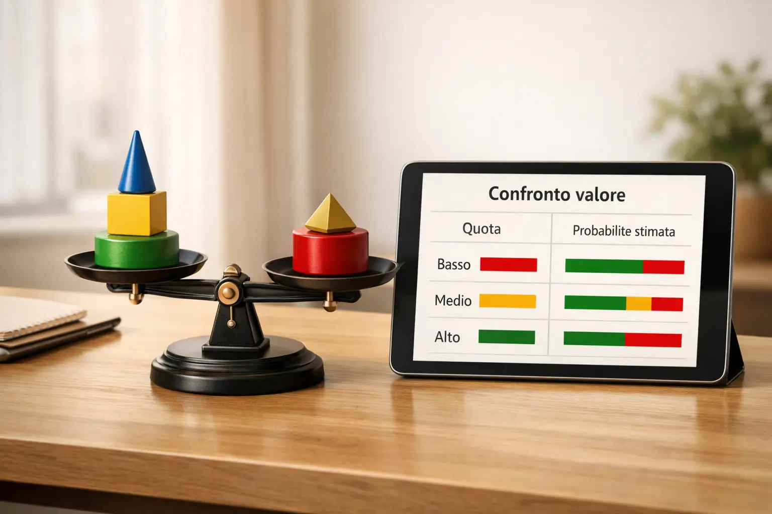 Bilancia semplice su scrivania con oggetti pesati che rappresentano confronto di valore accanto a tablet con grafico percentuali