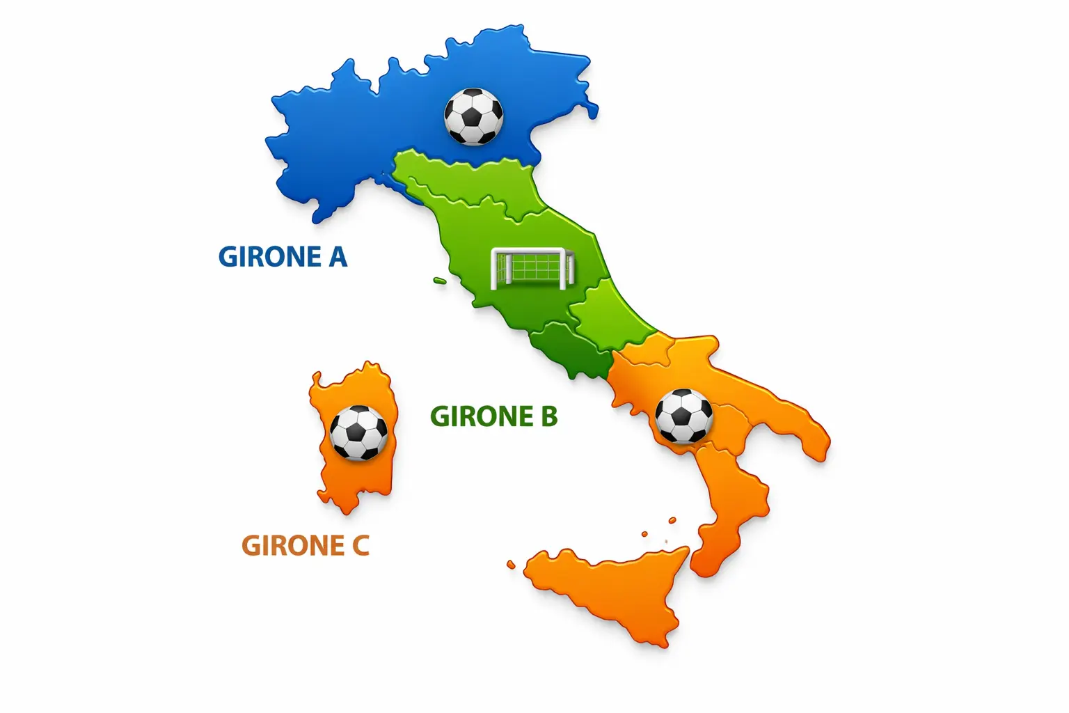Mappa dell'Italia con i tre gironi della Serie C: Girone A al Nord, Girone B al Centro, Girone C al Sud
