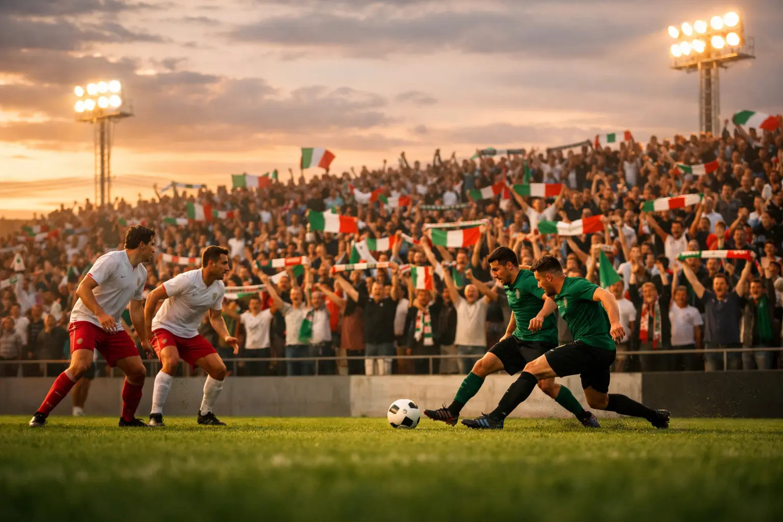 Stadio italiano durante una partita di Serie C con tifosi appassionati